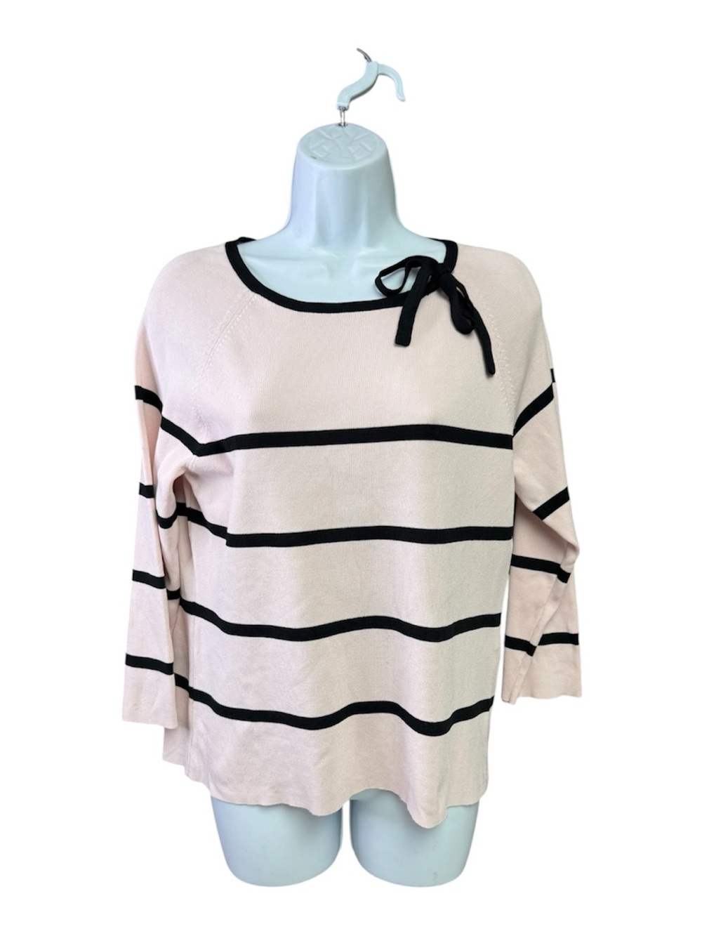 Petite Sophisticate Pink and Black Striped Bow-Detail Sweater size large